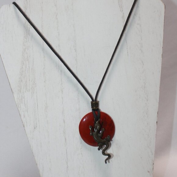Unisex Red Jasper Gemstone Leather Cord Pendent 30" with Lizard - Picture 4 of 10